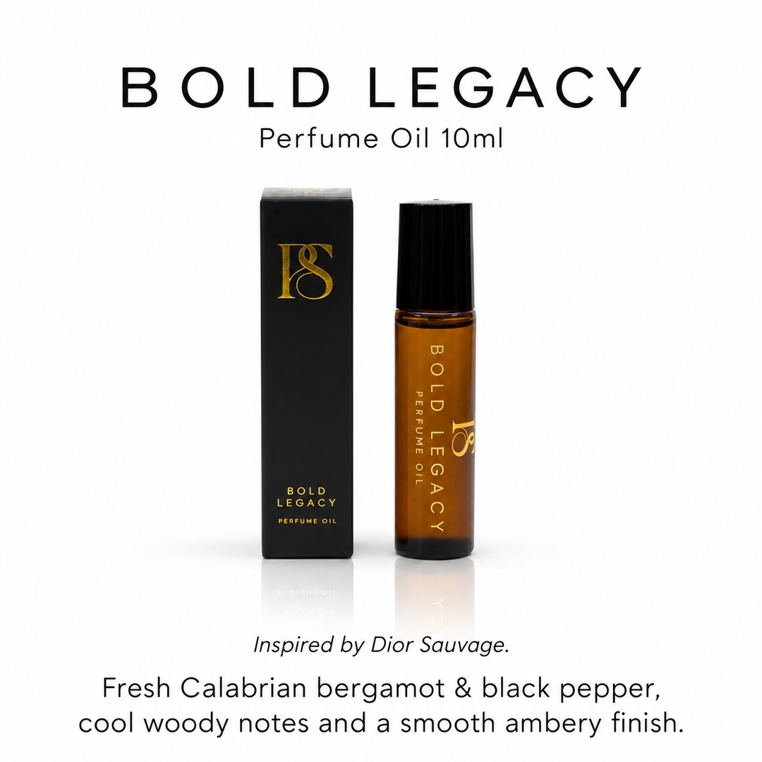 Bold Legacy Perfume Oil 10ml bottle and its black packaging box, featuring gold lettering and logo, set against a plain white background with descriptive text.