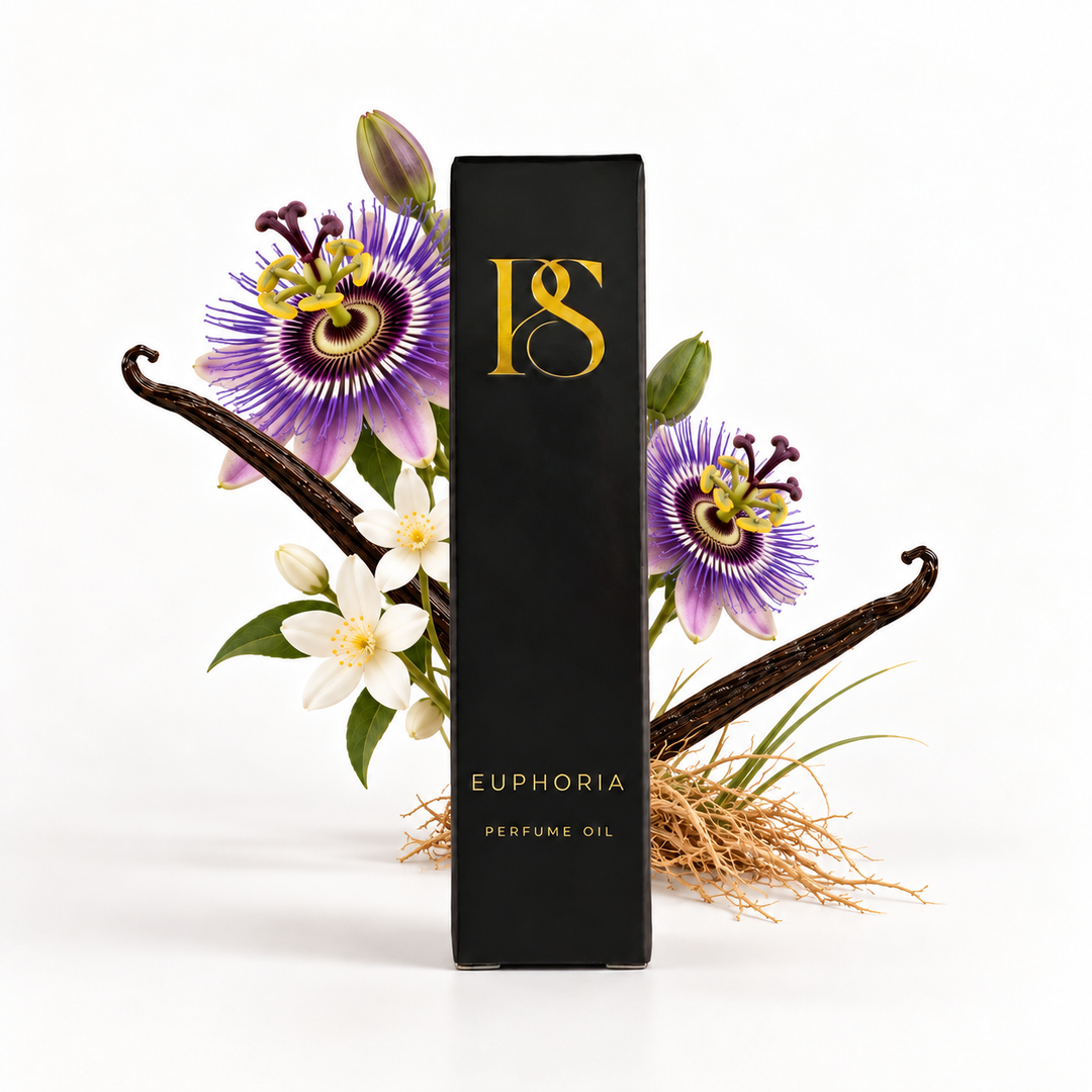 A tall black rectangular perfume oil box labeled '18 EUPHORIA PERFUME OIL' stands upright on a white background, styled with purple passion flowers, white flowers, vanilla beans, and dried grass.