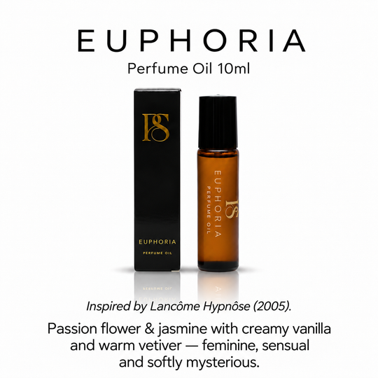 Euphoria Perfume Oil 10ml bottle and its black packaging box, displayed on a clean white background with descriptive text above and below.