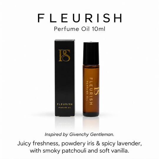 Fleurish Perfume Oil 10ml bottle and its black packaging box, featuring a gold monogram logo. The image includes descriptive text detailing the scent profile inspired by Givenchy Gentleman.