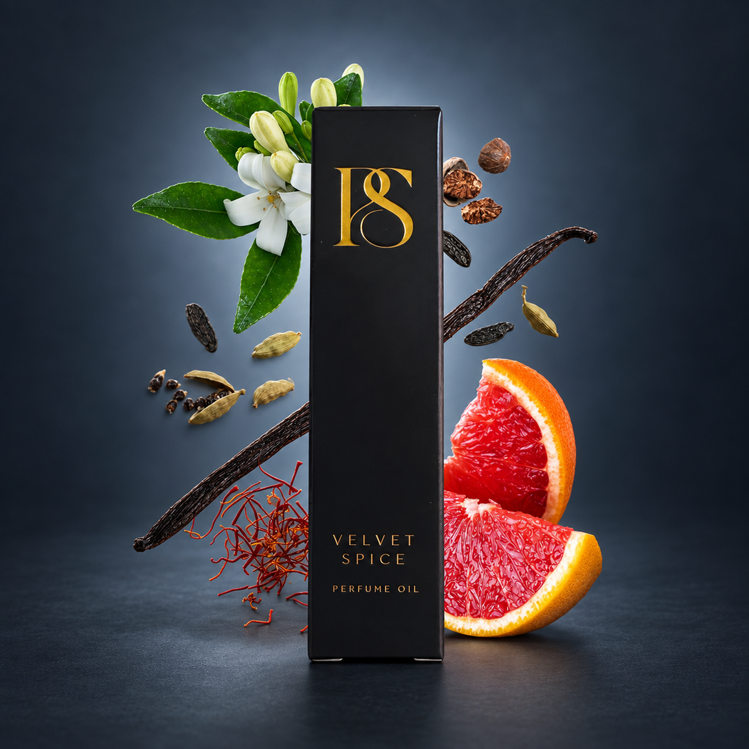 A tall black perfume oil box labeled 'VS' and 'VELVET SPICE PERFUME OIL' stands on a dark studio background, surrounded by floating fragrance ingredients including vanilla beans, citrus slices, cardamom pods, cloves, and a white flower.