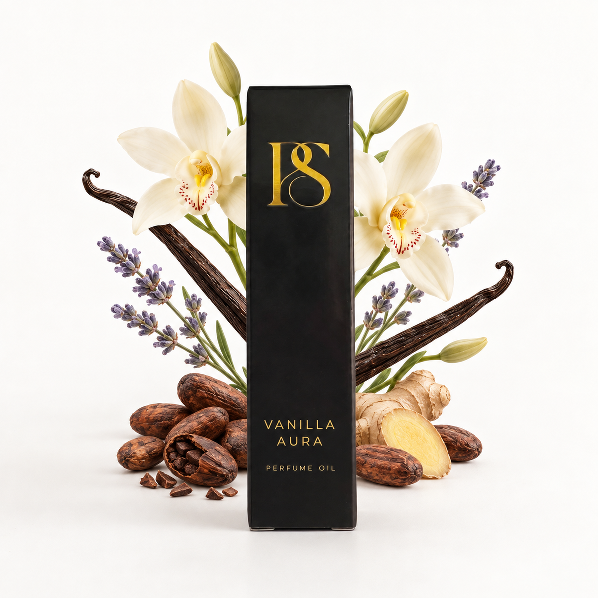 A tall black rectangular perfume oil box labeled '18 Vanilla Aura Perfume Oil' stands centered on a white background, surrounded by vanilla beans, lavender sprigs, cacao beans, ginger root, and white orchid flowers.