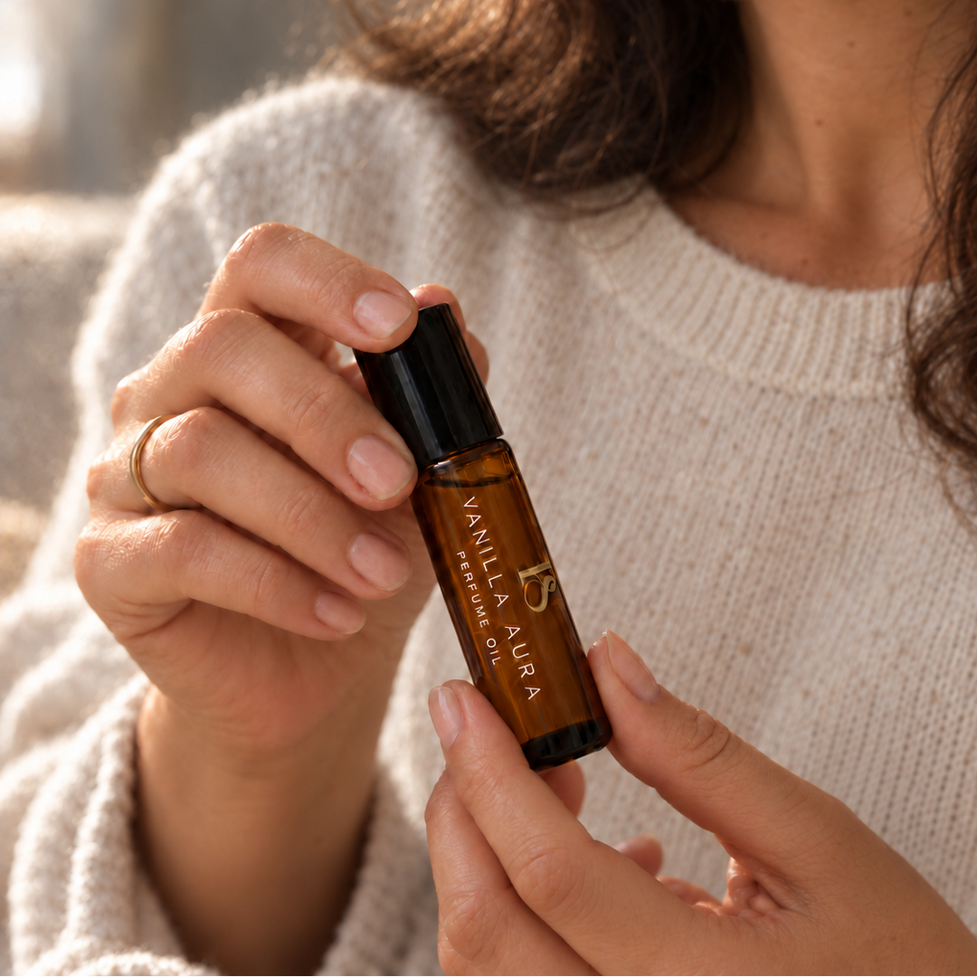 A close-up of a woman holding a small amber glass roll-on perfume bottle labeled &